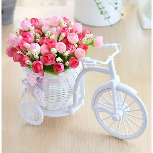 Rattan Bike Vase With Silk Flowers Colorful Mini Rose Flower Bouquet Daisy Artificial Flores For Home Wedding Decoration